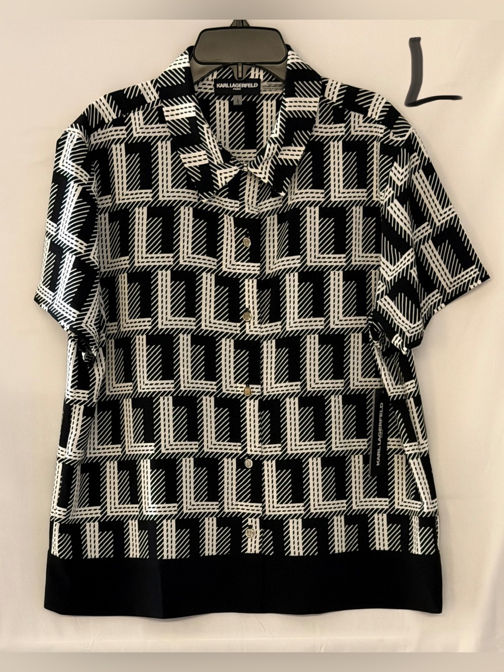 Karl Lagerfeld Black and White Geometric Short Sleeve Button-Front Shirt